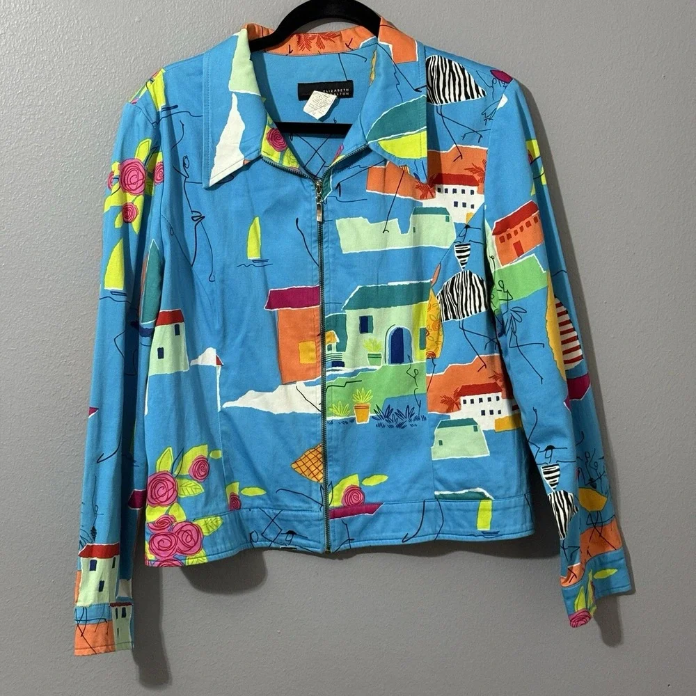 Vtg Women's Jacket Coat Sz 12 Funky Art To Wear Full Zip Houses Boats Travel 90s